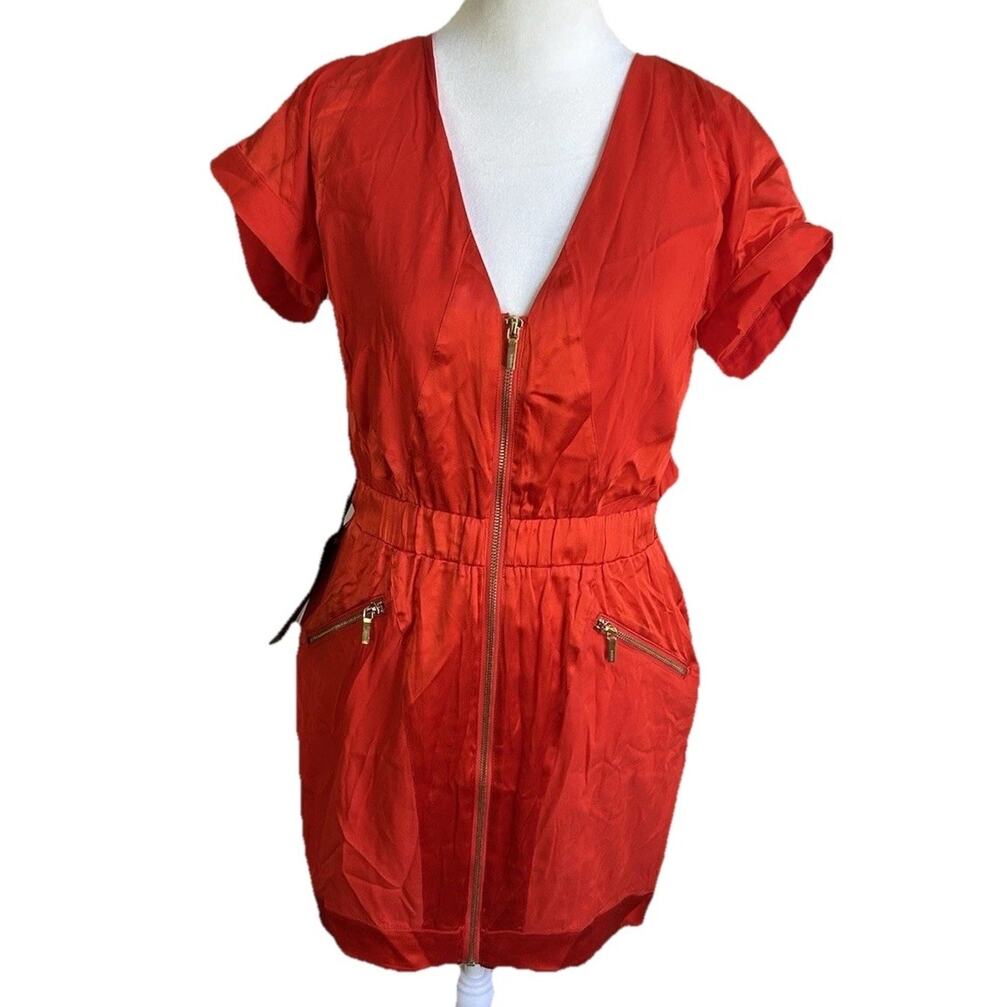 BEBE Silk Mini Dress women's Small Full Zip V-Neck Military Orange Red Y2K NWT